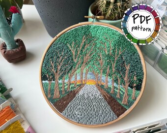Trees, road and sunset hand embroidery pattern. Hand Embroidery pattern PDF. DIY. Embroidery Hoop art, Hand Embroidery, Decor, Housewarming