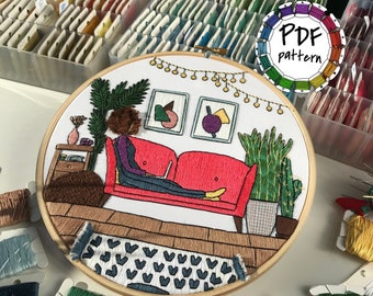 Girl in the living room, February 2021 pattern. Hand Embroidery pattern PDF. DIY. Embroidery Hoop art, Hand Embroidery Decor. Video tutorial