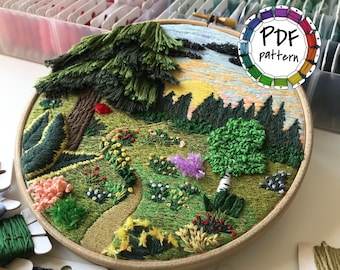 Forest landscape, 3d embroidery pattern. Hand Embroidery pattern PDF. DIY. Embroidery Hoop art, Hand Embroidery, Decor. Video tutorial