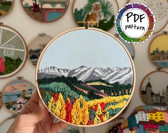 Mountain range and autumn forest embroidery pattern. Hand Embroidery pattern PDF. DIY. Embroidery Hoop art, Hand Embroidery. Video tutorial