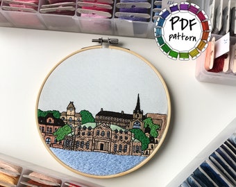 Fredericton, Canada. Hand Embroidery Pattern PDF with Embroidery Guide and video tutorials