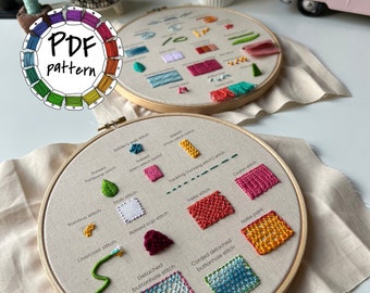 34 stitches sampler. 3d stumpwork and embroidery stitches pattern. Hand Embroidery Pattern PDF. DIY. Hand Embroidery. Video tutorial