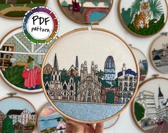 Barcelona Spain Hand Embroidery pattern PDF. DIY. Embroidery Hoop art, Wall Decor, Housewarming Gift. Free Hand embroidery guide!