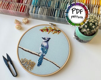 Blue Jay bird. Hand Embroidery pattern PDF. DIY. Embroidery Hoop art, Hand Embroidery, Wall Decor, Housewarming Gift. Stitch guide