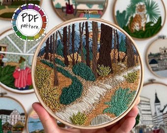 The road not taken, autumn forest embroidery pattern. Hand Embroidery pattern PDF. DIY. Embroidery Hoop art, Hand Embroidery. Video tutorial