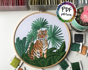 Tiger in the jungle. Hand Embroidery pattern PDF. DIY. Embroidery Hoop art, Hand Embroidery, Wall Decor, Housewarming Gift. Stitch guide