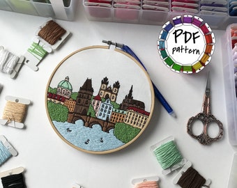 Prague, Czech Republic. Hand Embroidery pattern PDF. DIY. Embroidery Hoop art, Wall Decor, Housewarming Gift. Free Hand embroidery guide!