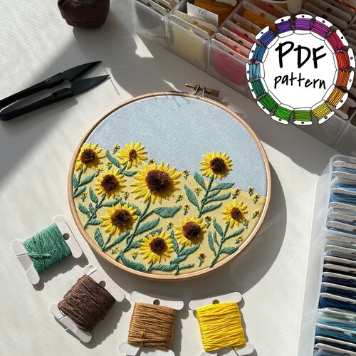 Field of Sunflowers 3d Embroidery Pattern. Hand Embroidery Etsy