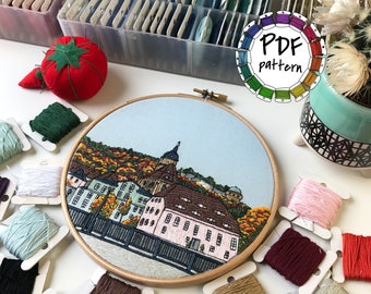 Autumn forest and fortress landscape. Hand Embroidery pattern PDF with  Video tutorial