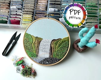 Waterfall landscape, hand embroidery pattern. Hand Embroidery pattern PDF. DIY. Embroidery Hoop art, Hand Embroidery, Decor. Video tutorial