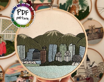 Vancouver, Canada. Hand Embroidery Pattern PDF. DIY Embroidery Art Housewarming Gift. Free Hand embroidery guide video tutorial