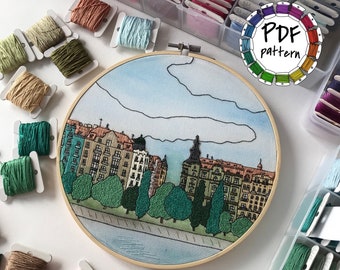 Prague watercolor and embroidery. Hand Embroidery pattern PDF. DIY. Watercolor on fabric. Embroidery Hoop art, Wall Decor, Housewarming Gift