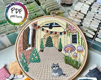 Festive street with cat hand embroidery pattern. Hand Embroidery pattern PDF. DIY. Embroidery Hoop art, Hand Embroidery, Decor, Housewarming