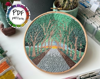 Trees, road and sunset hand embroidery pattern. Hand Embroidery pattern PDF. DIY. Embroidery Hoop art, Hand Embroidery, Decor, Housewarming