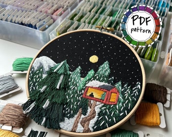 Treehouse in the forest - January 2022 pattern. Hand Embroidery pattern PDF. DIY. Embroidery Hoop art, Embroidery landscape, Video tutorial