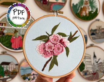 Cherry Blossoms embroidery pattern with video tutorial. Hand Embroidery pattern PDF. DIY. Embroidery Hoop art, Wall Decor, Housewarming Gift