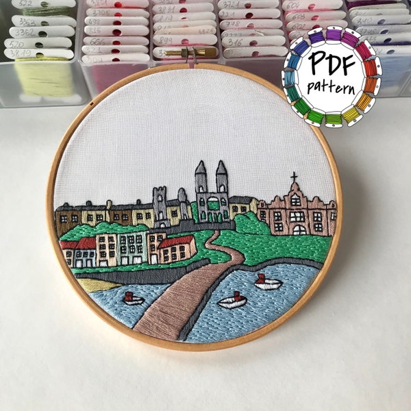 St. Andrews Scotland, United Kingdom. Hand Embroidery pattern PDF. DIY. Embroidery Hoop art, Wall Decor, Gift. Free Hand embroidery guide!