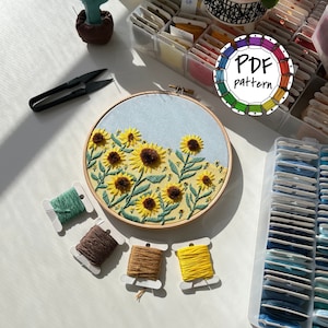 Field of sunflowers, 3d embroidery pattern. Hand Embroidery pattern PDF. DIY. Embroidery Hoop art, Hand Embroidery, Decor. Video tutorial