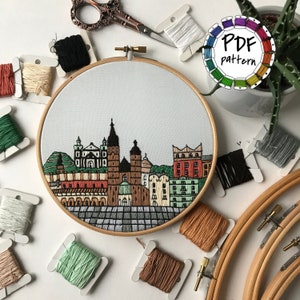 Krakow, Poland. Hand Embroidery pattern PDF Embroidery Hoop art. DIY. Wall Decor, Housewarming Gift. Free Hand embroidery guide!