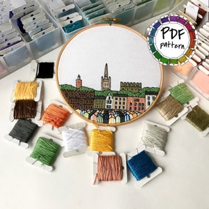 Norwich, United Kingdom. Hand Embroidery pattern PDF. DIY. Embroidery Hoop art, Wall Decor, Housewarming Gift. Free Hand embroidery guide!