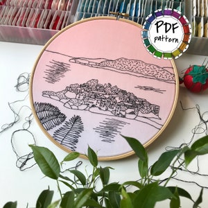 Sveti Stefan, Montenegro B&W Hand Embroidery pattern PDF. Embroidery Hoop art. DIY. Wall Decor, Housewarming Gift. Hand embroidery guide image 1