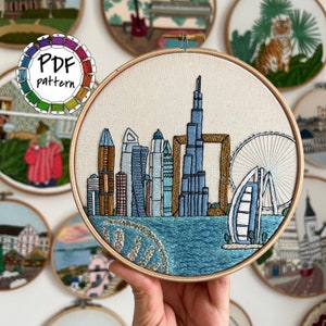 Dubai, United Arab Emirates. Hand Embroidery Pattern PDF. DIY Embroidery Art, Housewarming Gift. Free Hand embroidery guide, video tutorials