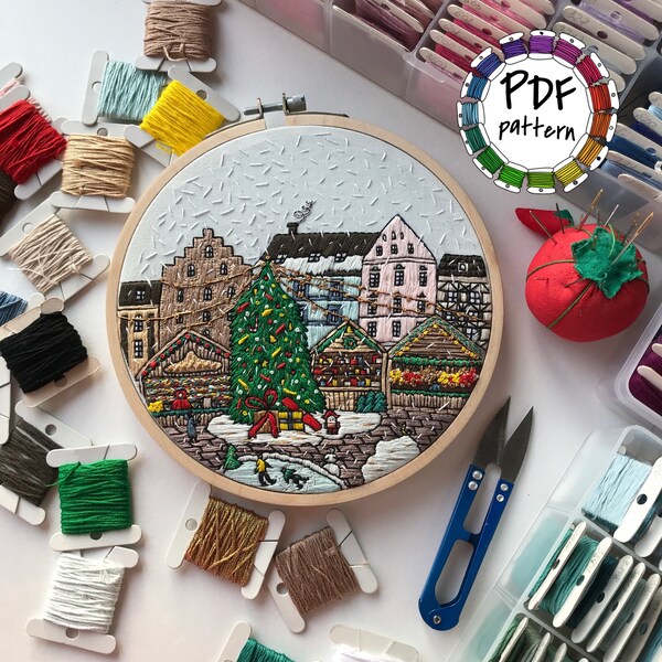 Christmas market pattern - hard version. Hand Embroidery pattern PDF. DIY. Embroidery Hoop art, Hand Embroidery, Wall Decor, Housewarming