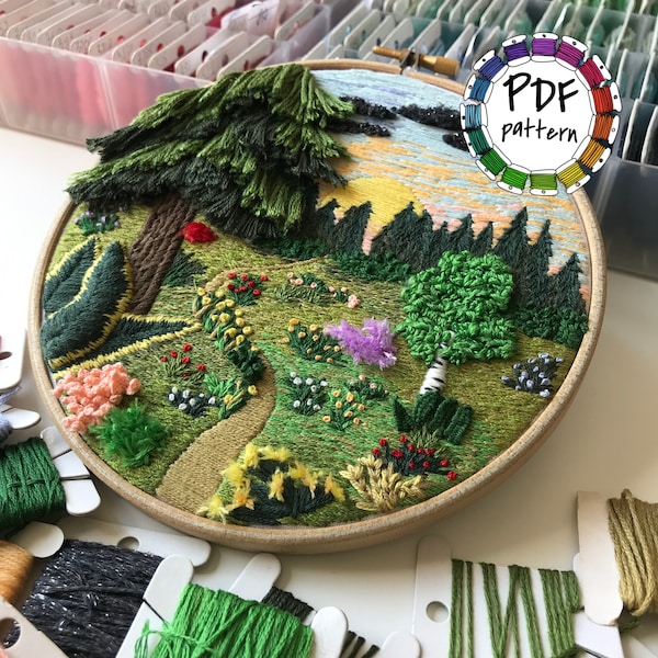 Forest landscape, 3d embroidery pattern. Hand Embroidery pattern PDF. DIY. Embroidery Hoop art, Hand Embroidery, Decor. Video tutorial