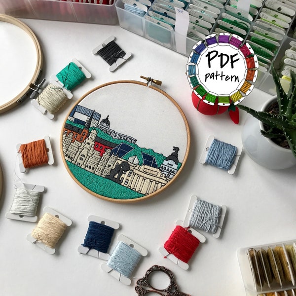 Madrid, Spain. Hand Embroidery pattern PDF. DIY. Embroidery Hoop art, Hand Embroidery, Wall Decor, Gift. Free Hand embroidery guide!