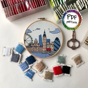 London, United Kingdom. Hand Embroidery pattern PDF. DIY.Embroidery Hoop art,  Wall Decor, Housewarming Gift. Free Hand embroidery guide!
