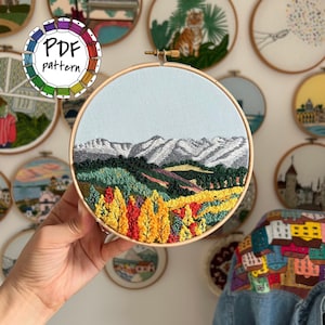 Mountain range and autumn forest embroidery pattern. Hand Embroidery pattern PDF. DIY. Embroidery Hoop art, Hand Embroidery. Video tutorial