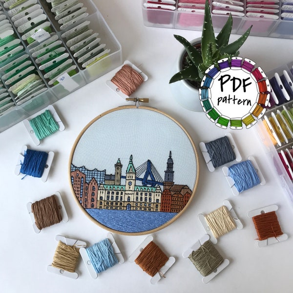 Hamburg, Germany. Hand Embroidery pattern PDF. DIY. Embroidery Hoop art, Wall Decor, Housewarming Gift. Free Hand embroidery guide!