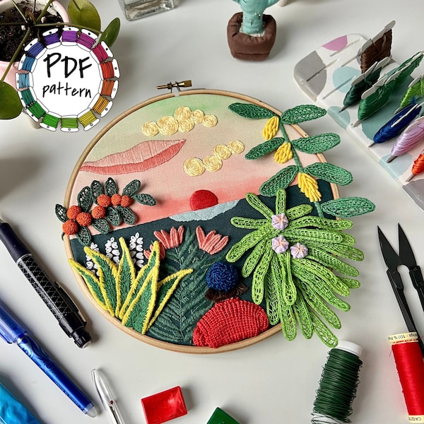In the jungle, 3d stumpwork embroidery pattern. Hand Embroidery Pattern PDF. DIY. Embroidery Hoop art, Hand Embroidery. Video tutorial