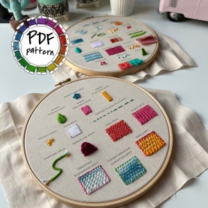 34 stitches sampler. 3d stumpwork and embroidery stitches pattern. Hand Embroidery Pattern PDF. DIY. Hand Embroidery. Video tutorial