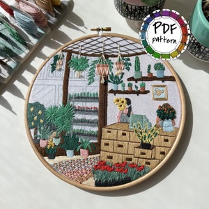 Inside the flower shop. Hand Embroidery pattern PDF. DIY. Embroidery Hoop art, Hand Embroidery, Wall Decor, Housewarming Gift. Stitch guide