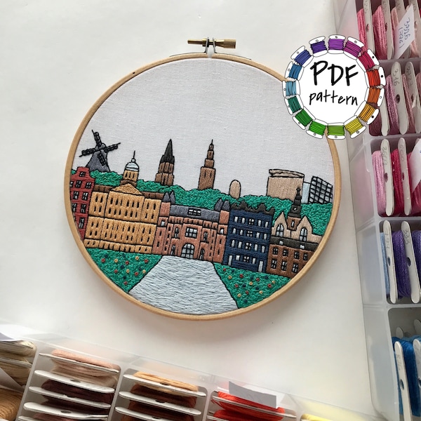 Amsterdam, Netherlands. Hand Embroidery pattern PDF. DIY. Embroidery Hoop art, Wall Decor, Housewarming Gift. Free Hand embroidery guide!