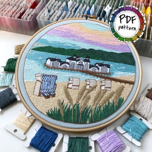 Beach landscape, summer pattern. Hand Embroidery pattern PDF. DIY. Embroidery Hoop art, Hand Embroidery, Decor. Video tutorial