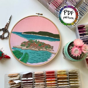 Sveti Stefan, Montenegro - hard version. Hand Embroidery pattern PDF. DIY. Embroidery Hoop art, Hand Embroidery, Wall Decor, Housewarming