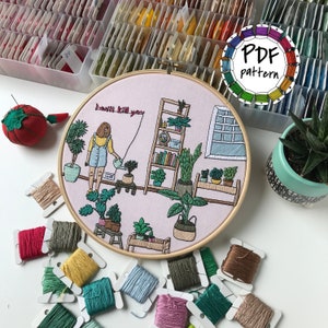 Patrón de bordado de niña y plantas: Arte de aro DIY (Patrón PDF)