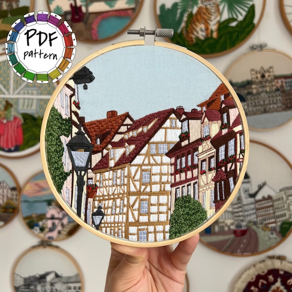 Nürnberg und Fachwerkhäuser. Fachwerkhäuser. Handstickmuster PDF. DIY. Hoop Kunst, Handstickerei, Wanddekor, Einweihungsparty