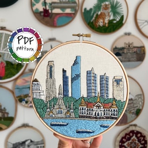 Bangkok, Thailand. Hand Embroidery Pattern PDF. DIY Embroidery Art, Housewarming Gift. Free Hand embroidery guide, video tutorials