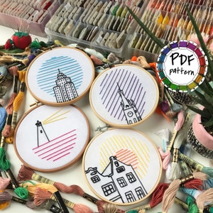 BUNDLE! 4 Architectural patterns for beginners. DIY. PDF Embroidery pattern with video tutorial. Hoop art, Wall Decor. Stitch guide