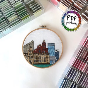Manchester, United Kingdom. Hand Embroidery pattern PDF. Embroidery Hoop art. DIY. Wall Decor, Housewarming Gift. Free Hand embroidery guide image 1