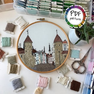 Może przedstawiać: Haftowany obraz w obręczy przedstawiający panoramę miasta z dwiema wysokimi wieżami, mostem i wieloma budynkami. Obręcz jest z brązowego drewna z białym tłem z tkaniny. Hafty wykonane są w odcieniach brązu, beżu, szarości, różu i błękitu.