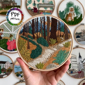 The road not taken, autumn forest embroidery pattern. Hand Embroidery pattern PDF. DIY. Embroidery Hoop art, Hand Embroidery. Video tutorial
