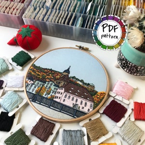 Autumn forest and fortress embroidery pattern. Hand Embroidery pattern PDF. DIY. Embroidery Hoop art, Hand Embroidery, Decor. Video tutorial