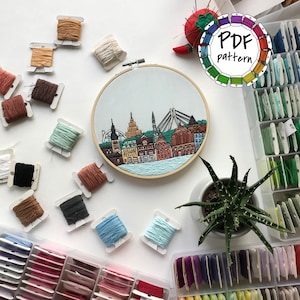 Puede incluir: Un aro de bordado blanco con un diseño de bordado colorido de una ciudad. El diseño incluye edificios, un puente y agua. El aro está rodeado de varios colores de hilo de bordar.