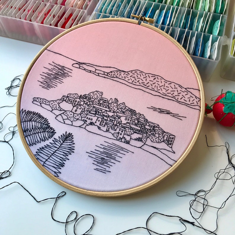 Sveti Stefan, Montenegro B&W Hand Embroidery pattern PDF. Embroidery Hoop art. DIY. Wall Decor, Housewarming Gift. Hand embroidery guide image 3