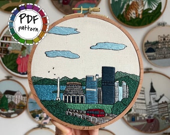 Wellington, New Zealand. Hand Embroidery Pattern PDF. DIY Embroidery Art Housewarming Gift. Free Hand embroidery guide video tutorial