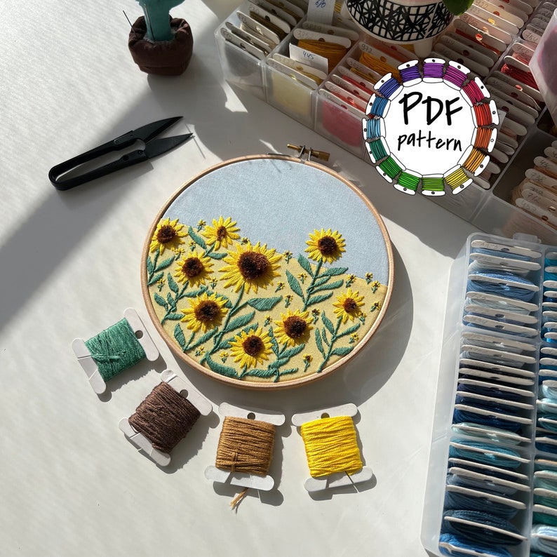 Field of sunflowers, 3d embroidery pattern. Hand Embroidery pattern PDF. DIY. Embroidery Hoop art, Hand Embroidery, Decor. Video tutorial image 1
